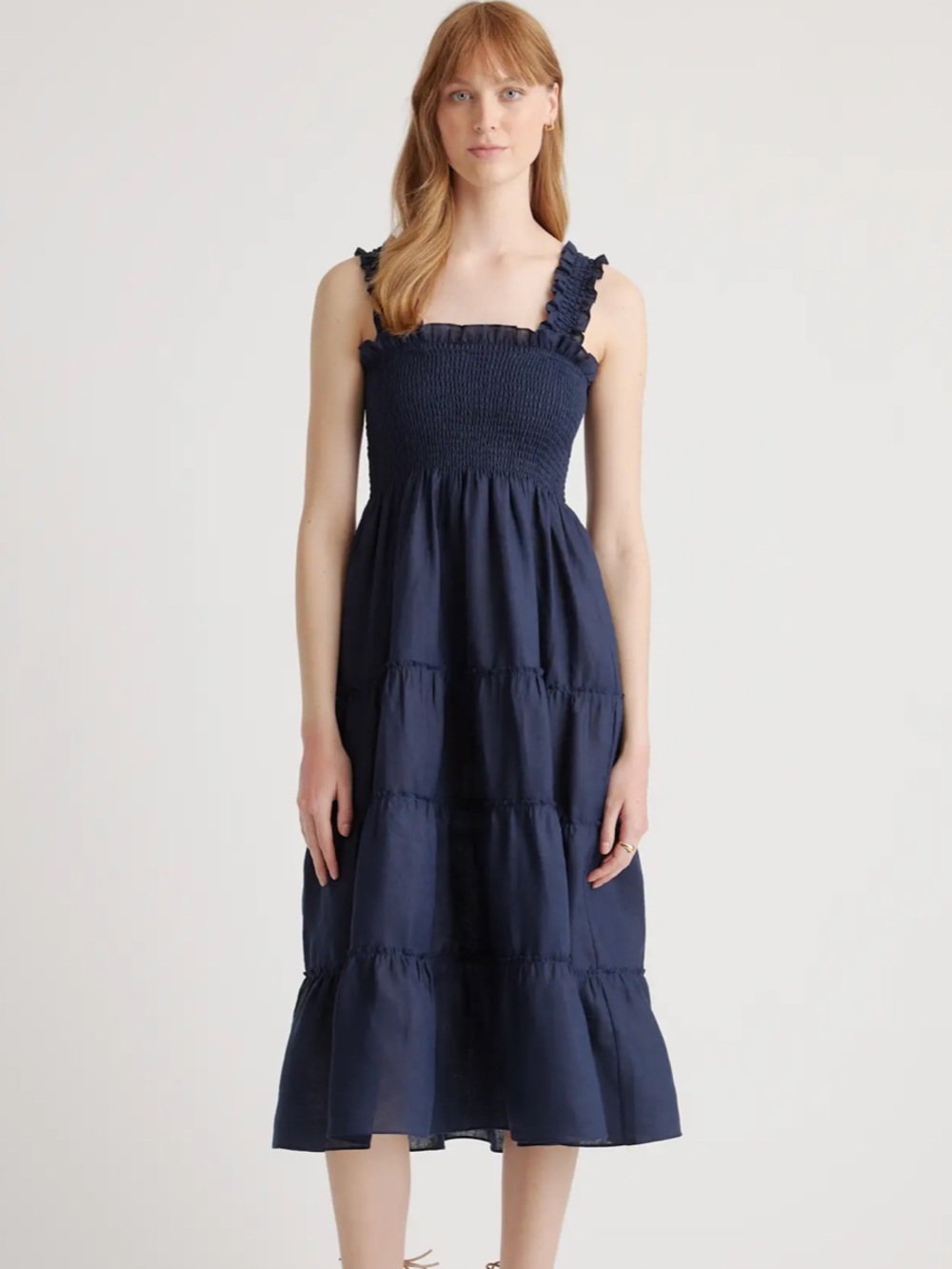 Quince 100% European Linen Navy Smocked Midi Dress